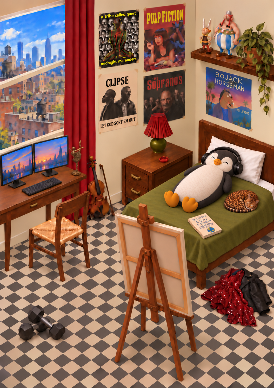 A warm illustrated bedroom with a city view, a desk, music and film posters, a violin, a painting easel, and a cat curled up beside a penguin on the bed.
